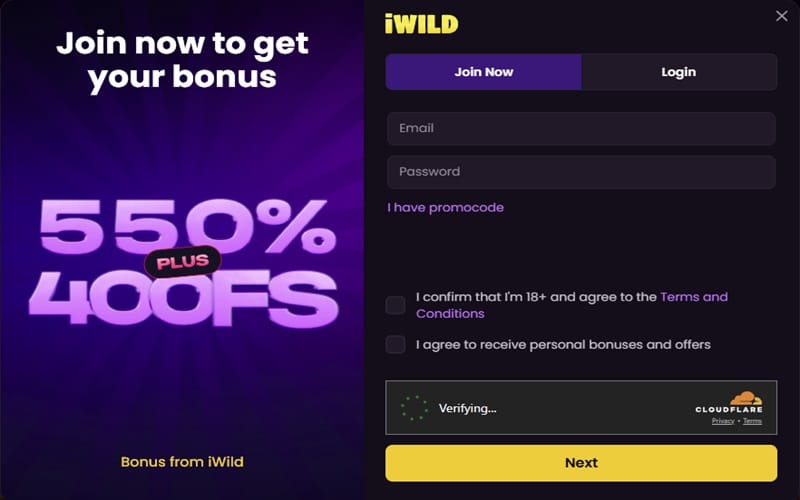Screenshot of the iWild Casino Registration Page