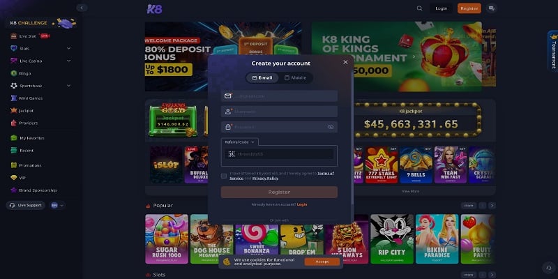 Registering at K8 Casino