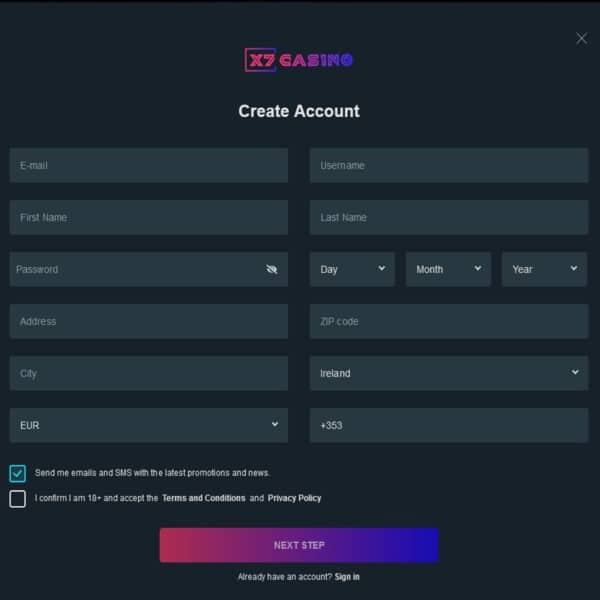 X7 Casino Signup Screenshot