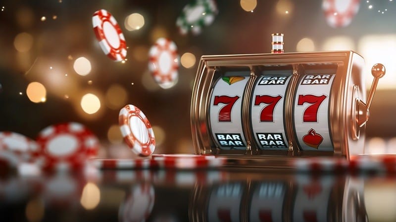 A slot machine with spinning reels and poker chips on a blurred background. Bankroll Management Tips