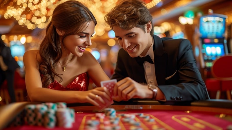 a young couple plays poker in a casino. A man is dressed in a bl Have Fun While Gambling