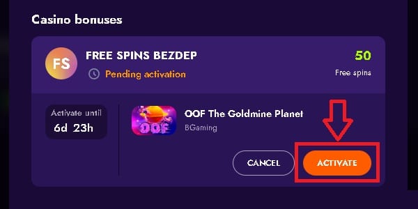 Irwin Free Spins Activation