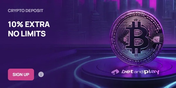 Bet and Play Casino 10% No Limit Crypto Bonus Image Showing the Bet and Play Online Casino 10% No Limit Crypto Bonus