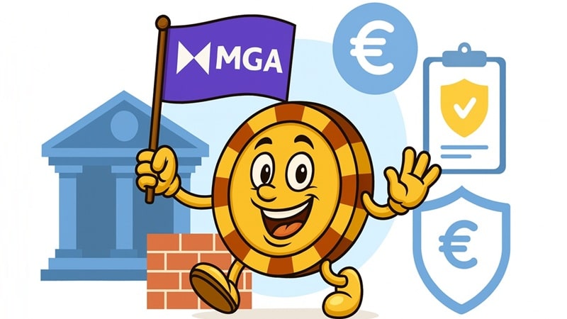 Malta Gaming Authority chip character holding flag with symbols of financial security