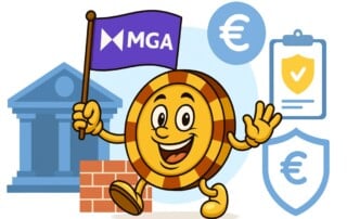 MGA mascot showing casino balance protection with shield and bank icons