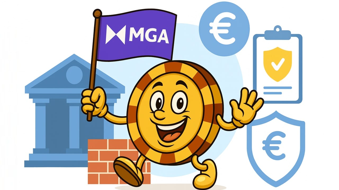 MGA mascot showing casino balance protection with shield and bank icons