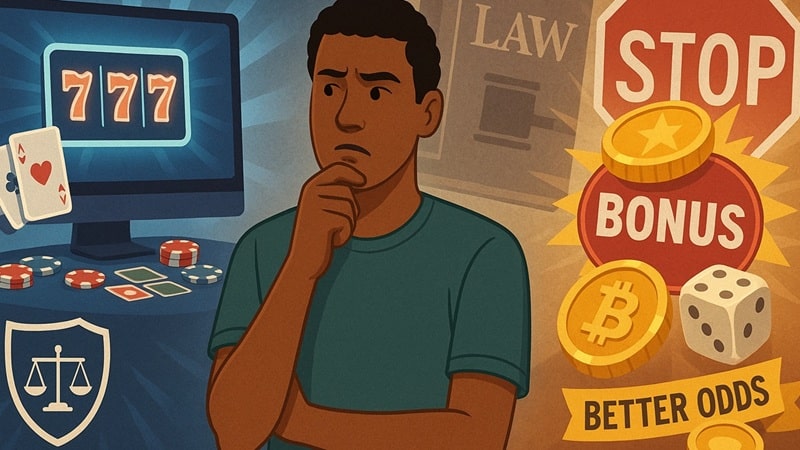 News graphic showing the conflict South African players face between gambling laws and overseas casinos with cryptocurrency support and bigger bonuses.