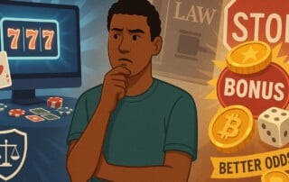 Illustration of a South African player caught between legal restrictions and overseas online casinos offering cryptocurrency bonuses and better odds