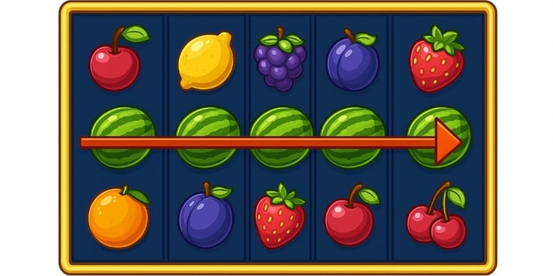 Online slot machine showing fruit symbols with a winning horizontal payline across the middle row
