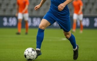 Image of a footballer wearing a blue kit dribbling a ball