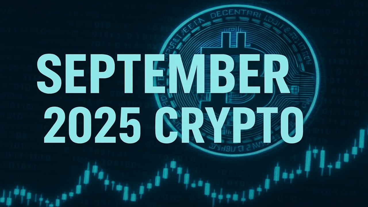 Crypto Image with Bitcoin and trading chart candle sticks with September 2025 Crypto title