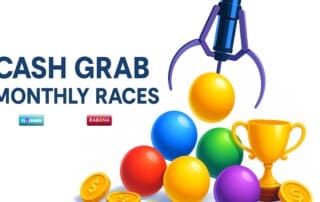 Cash Grab Monthly Races featured image with claw machine, colorful balls, coins and trophy, representing casino leaderboard promotion.