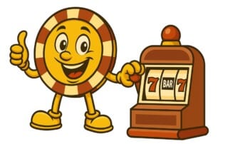 Casino Plus Bonus mascot playing slot machine illustration