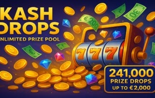Featured image for the Kash Drops promotion showing prize drops on online slot reels with cash and coins falling.