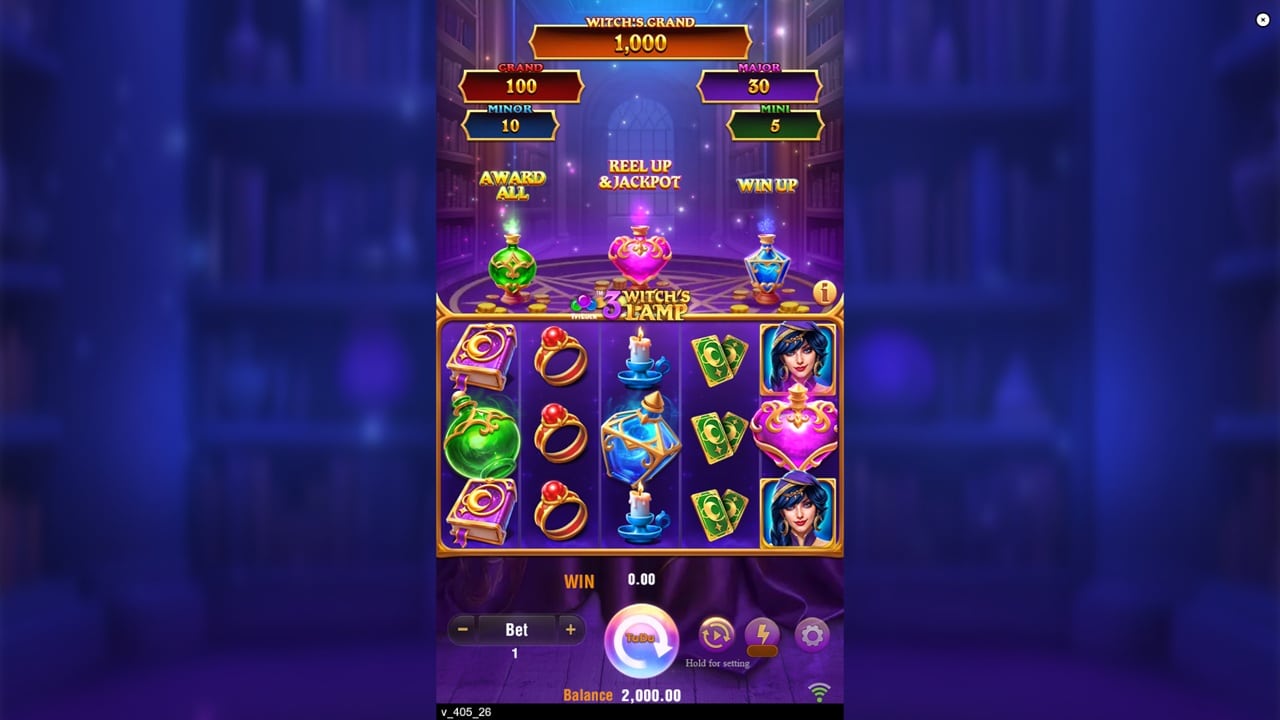 3 Witch's Lamp Slot Review – October 2025 3 Witch's Lamp online slot game reels showing magical potions, spellbooks, witch character, and progressive jackpots with reel up feature