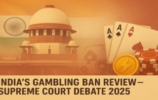 Editorial illustration of India’s Supreme Court with flag backdrop and casino elements symbolizing the country’s online gambling ban and black market expansion.