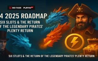 ed Tiger Gaming promotional artwork showing pirate captain, red and blue dragons, lightning coin, and Victorian gentleman for Q4 2025 slot releases.