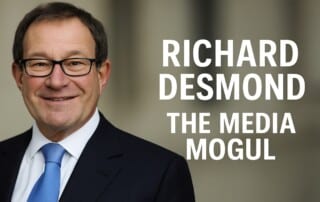 Richard Desmond portrait wearing a navy suit and blue tie for a media mogul news article