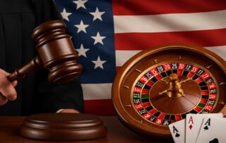 Judge and roulette wheel symbolising Evolution AB US court case victory