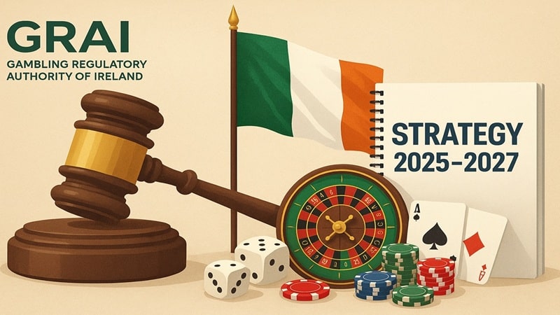 GRAI Publishes 2025-2027 Strategy Image of judges hammer Irish flag and GRAI 2025-2027 Strategy with Casino Games