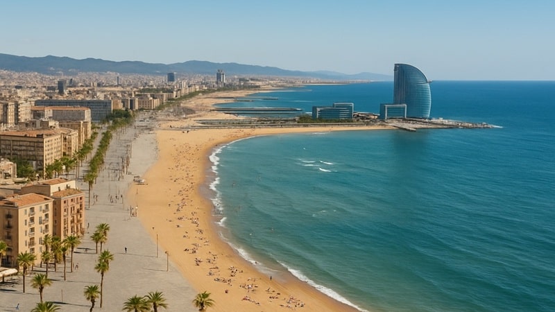 Barcelona&rsquo;s Barceloneta Beach with the W Hotel and city skyline overlooking the Mediterranean Sea.