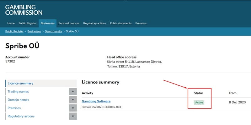 Screenshot of Spribe O&Uuml;'s UKGC public register showing license 57302 with Active status despite suspension announcement