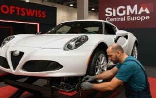 Automotive technician performing wheel alignment service on white Alfa Romeo sports car at professional service center