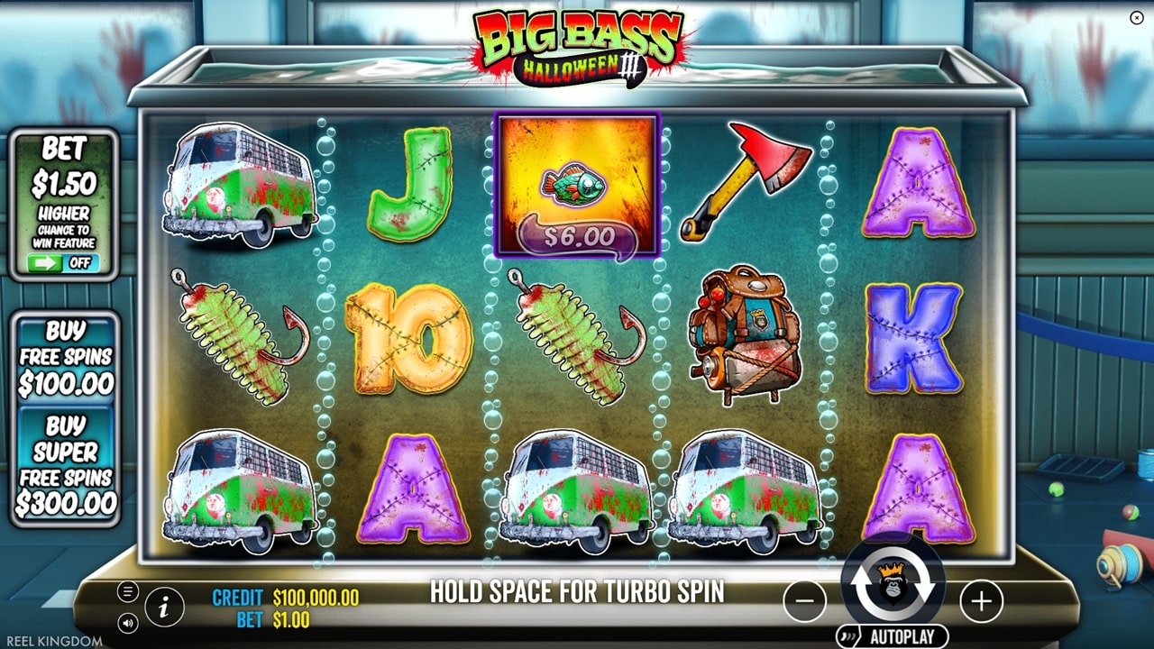 Big Bass Halloween III Slot Review – October 2025 Big Bass Halloween III online slot game reels showing zombie fish symbols, ice van, axe, and playing card symbols with turbo spin feature