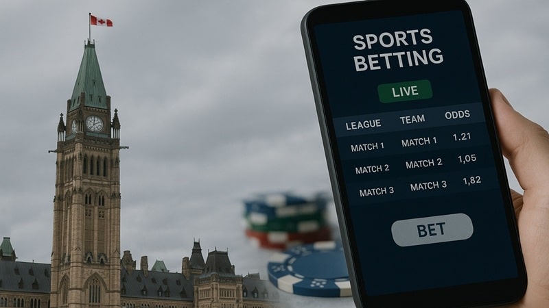 Hand holding smartphone displaying sports betting app with Parliament Hill Peace Tower in background, representing Canada's Bill S-211 advertising regulations