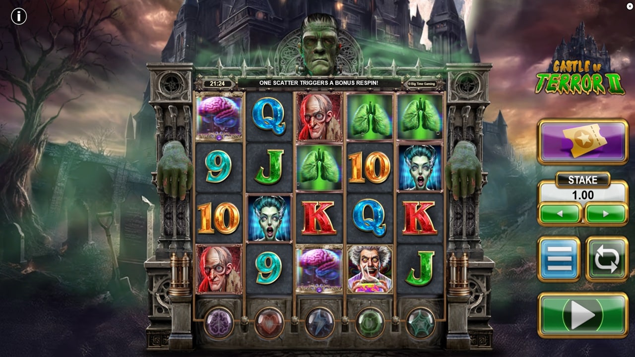 Castle of Terror II Slot Review – October 2025 Castle of Terror II online slot game reels showing Frankenstein monster, horror characters, brain, lungs symbols with bonus respin feature