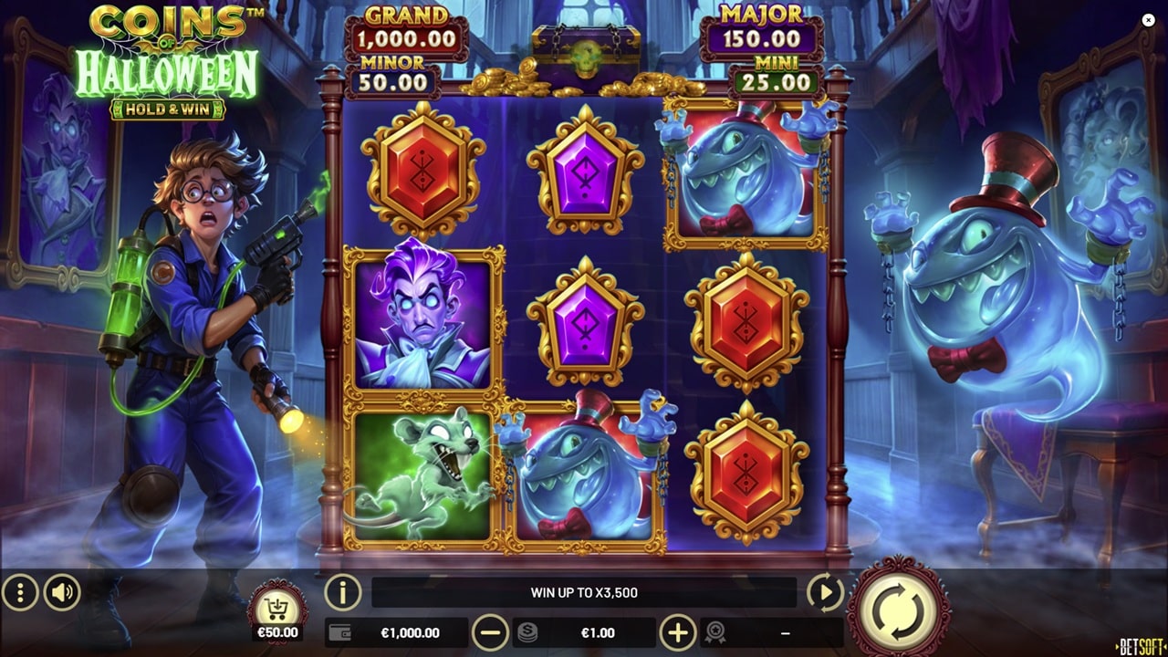 Coins Halloween Hold & Win Slot Game Reels | Betsoft Gaming Coins Halloween Hold and Win online slot game showing 3x3 reels with ghost characters, purple vampire symbol, and red gem symbols in spooky haunted mansion setting