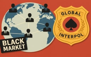 Global network of regulators connected across world map with gold Interpol-style badge featuring spade symbol, representing proposed international gambling enforcement network to combat black market operations
