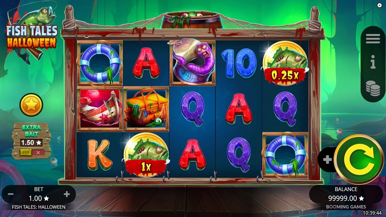 Fish Tales Halloween online slot game screenshot showing reels with fishing-themed symbols, Halloween characters, and multiplier indicators by Booming Games