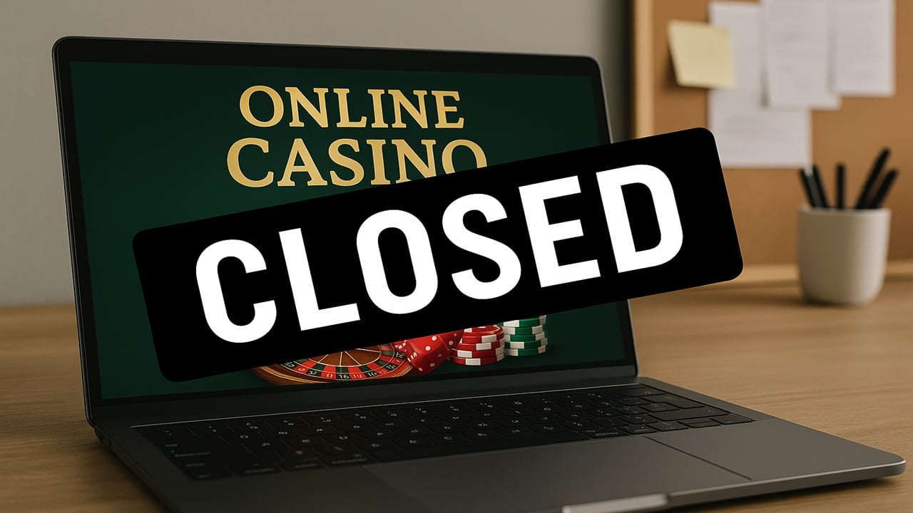 Laptop displaying online casino with CLOSED sign representing Golden Billy Casino shutdown