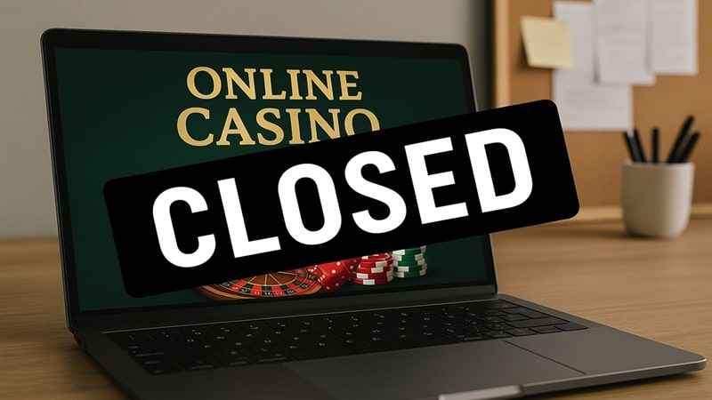 Golden Billy Casino Closure October 2025 Online casino closure shown on laptop with CLOSED overlay and casino chips