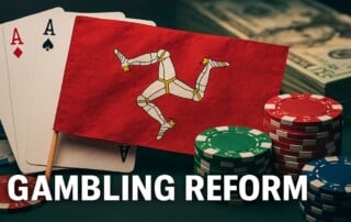 "Isle of Man flag with casino cards and chips representing gambling regulation reforms