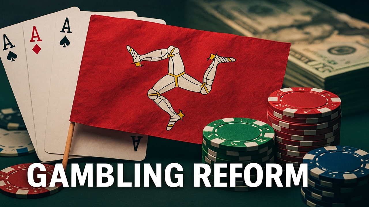 "Isle of Man flag with casino cards and chips representing gambling regulation reforms