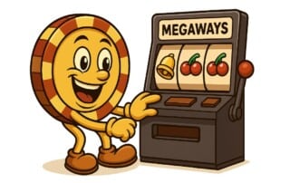 Casinoplusbonus mascot presenting Megaways online slot machine with dynamic reels showing cherry and bell symbols