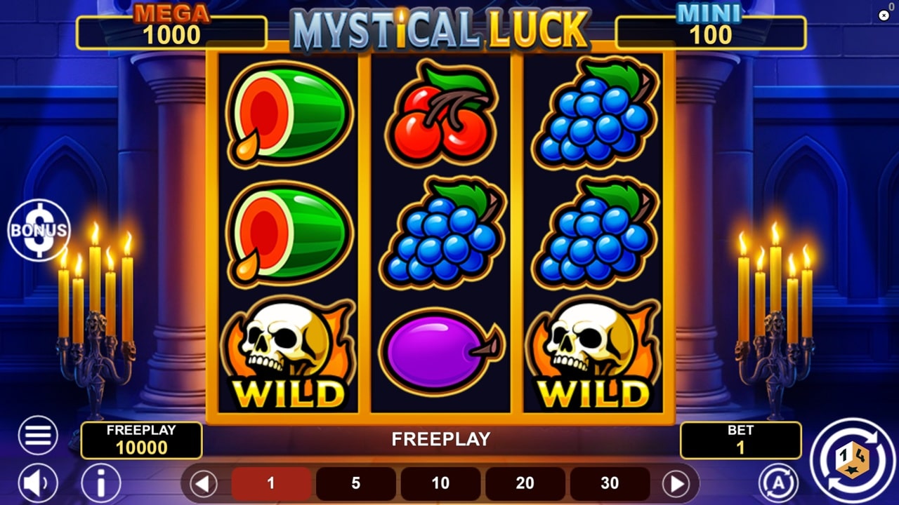 Mystical Luck online slot game reels showing classic fruit symbols including cherries, grapes, watermelon, plum, and skull wild symbols with gothic cathedral theme and jackpot meters