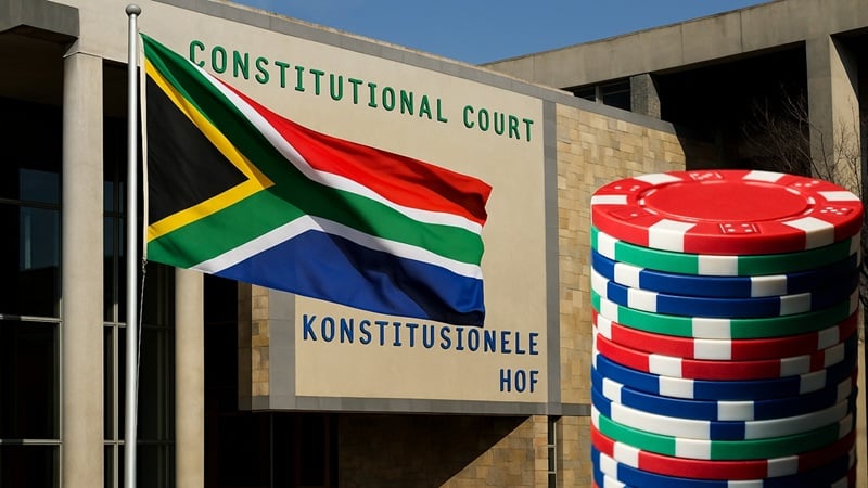 South Africa Constitutional Court Freeplay Tax Decision South African Constitutional Court building in Pretoria with national flag and casino chips representing freeplay tax ruling.