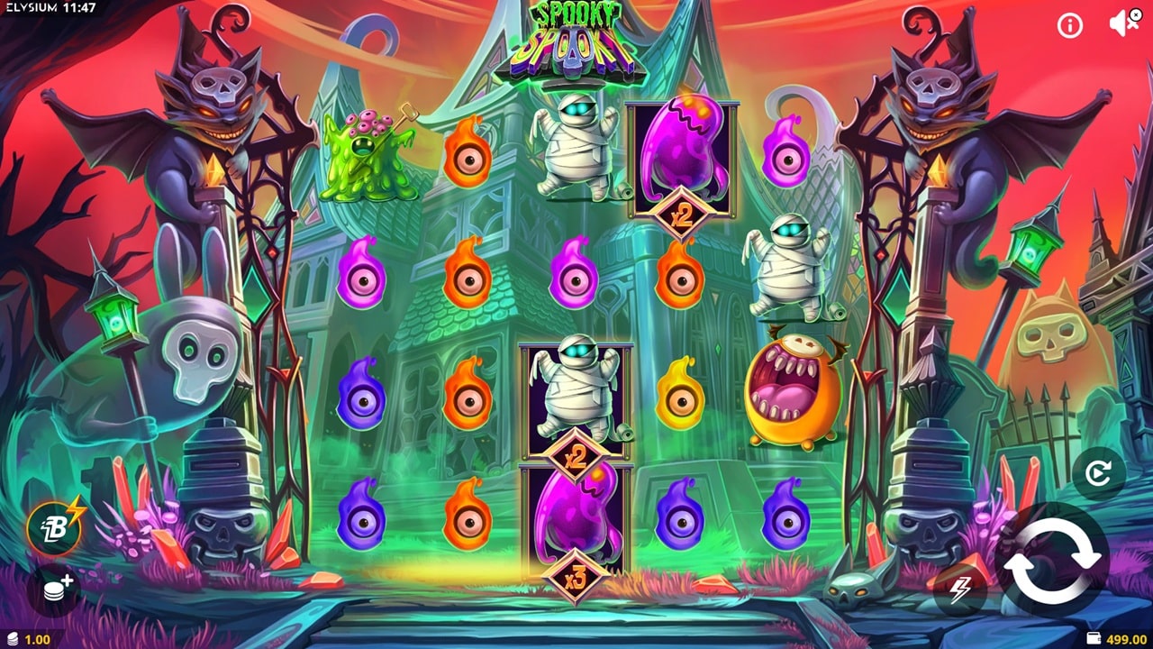 Spooky Spook online slot game reels showing Halloween-themed symbols including mummies, ghosts, and monsters with multiplier wild symbols