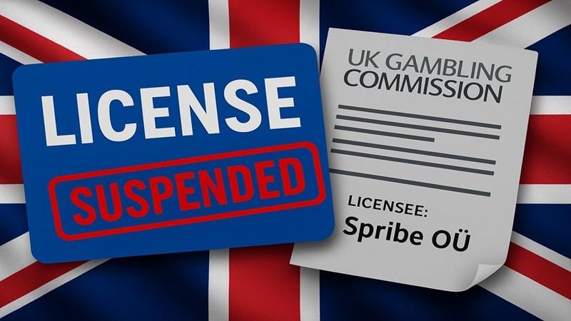 UK Gambling Commission suspends Spribe O&Uuml; license with red suspended stamp over blue license card against Union Jack flag background