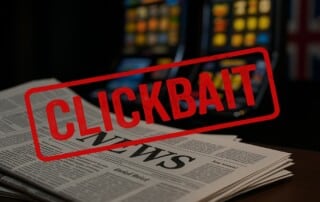 Stack of British newspapers with a red clickbait stamp symbolising exaggerated UK gambling news coverage