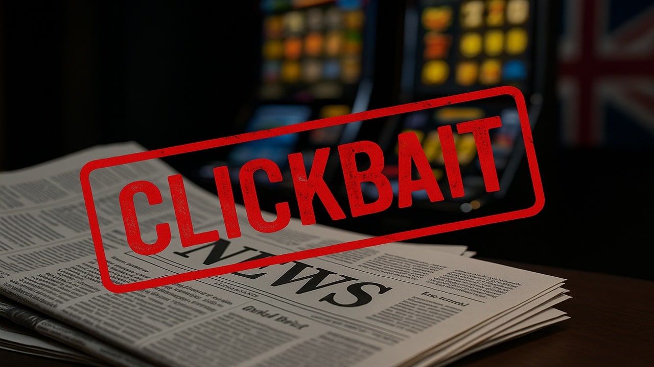 Stack of British newspapers with a red clickbait stamp symbolising exaggerated UK gambling news coverage