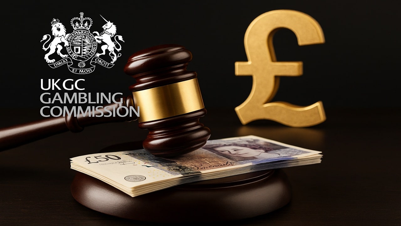 Judge’s gavel and British pound notes symbolizing UK Gambling Commission fines and enforcement in 2025.