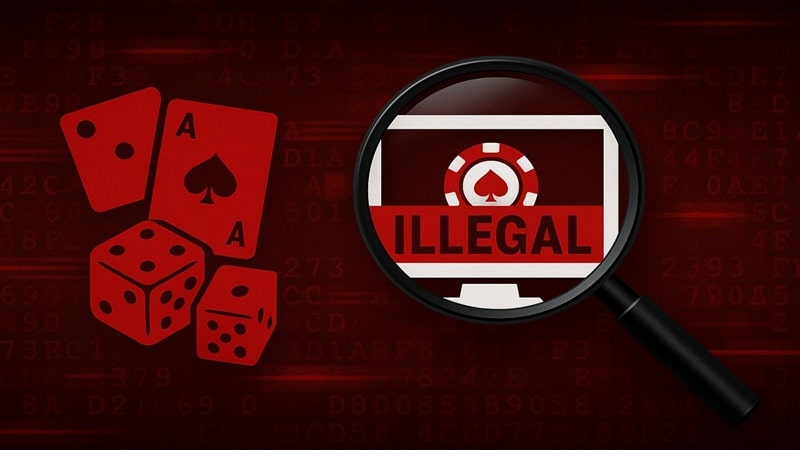 Magnifying glass examining computer monitor displaying illegal gambling site with casino chips, dice and playing cards in red tones