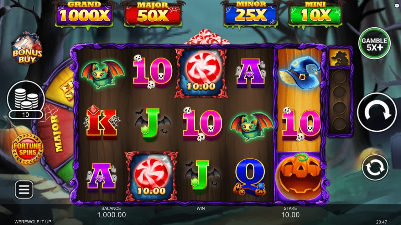 Werewolf It Up Slot Review – October 2025 Werewolf It Up online slot game reels showing Halloween symbols, candy wilds, and progressive jackpots