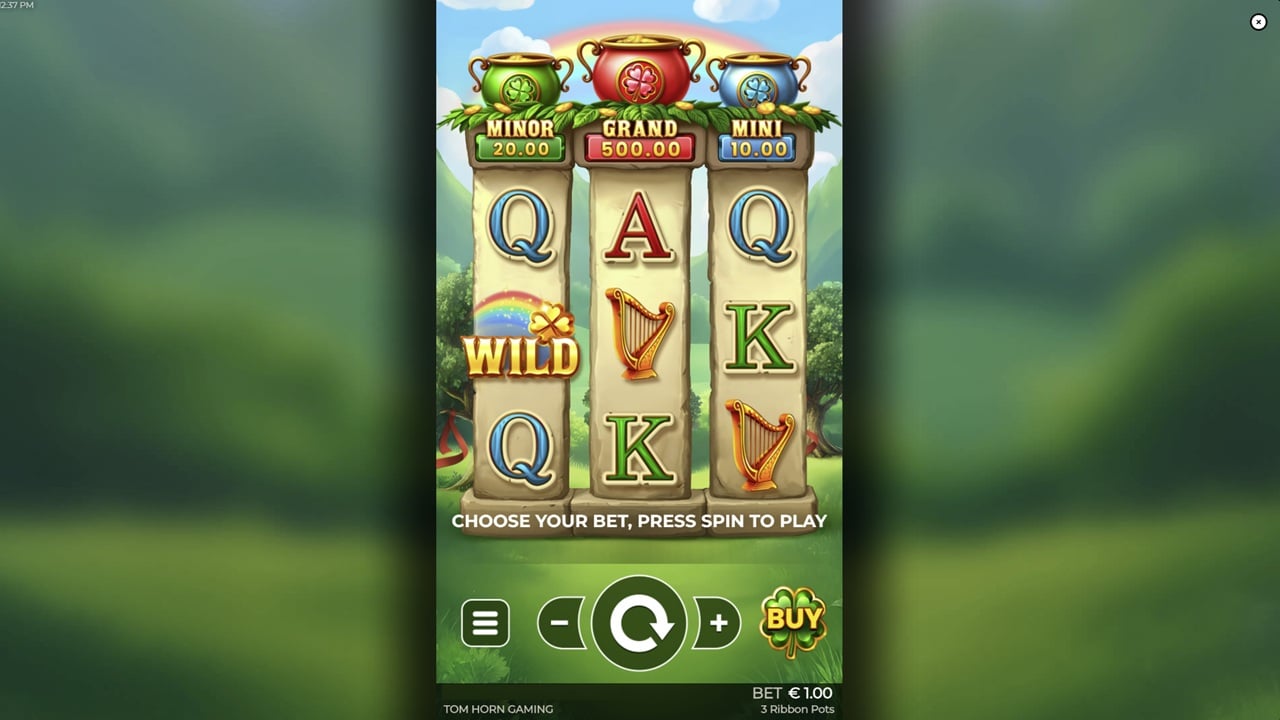 3 Ribbon Pots online slot game reels showing Wild symbols, jackpot pots, and letter symbols