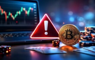 Bitcoin cryptocurrency with red warning sign beside casino chips and dice on dark background with trading charts, illustrating crypto gambling scams and fraud risks