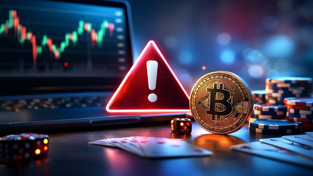 Bitcoin cryptocurrency with red warning sign beside casino chips and dice on dark background with trading charts, illustrating crypto gambling scams and fraud risks